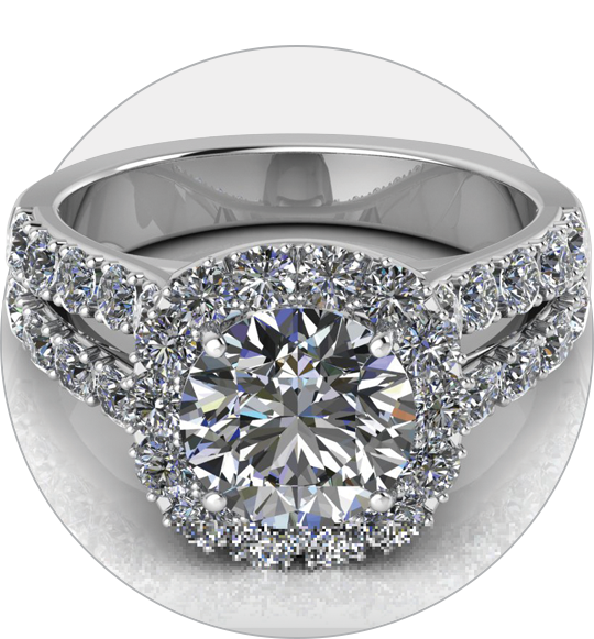 White gold split shank cushion halo engagement ring featuring a round diamond and smaller diamonds down the band