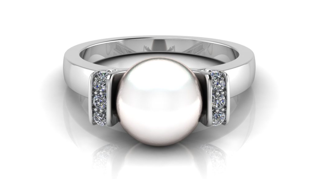 White gold pearl ring with pave set diamond accents