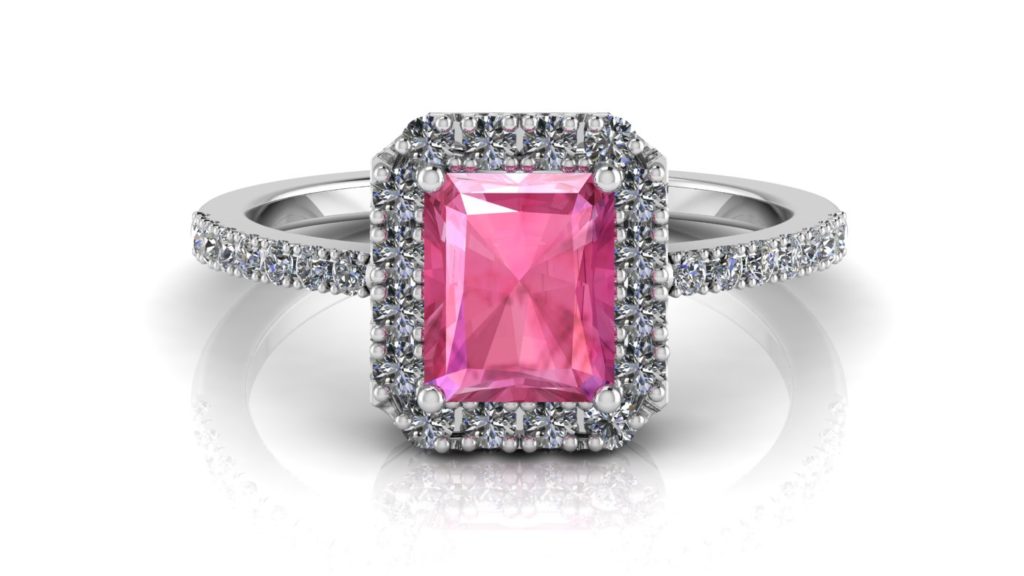 White gold halo ring featuring a radiant cut pink sapphire and diamonds