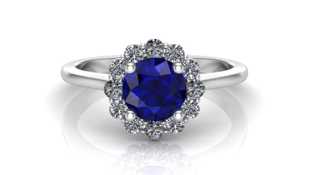 White gold share claw diamond flower halo ring featuring a round ceylon sapphire center