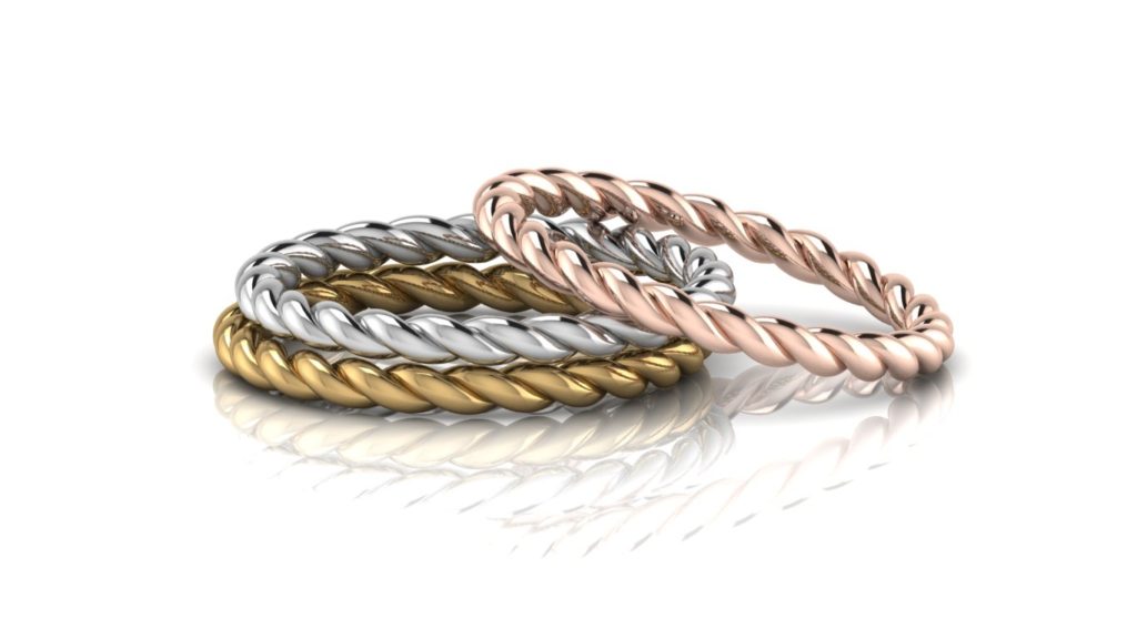 Yellow, white & rose gold delicate rope stacking rings