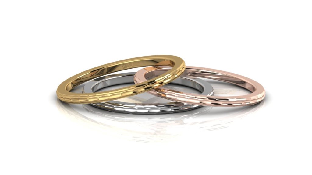 Yellow, white & rose gold delicate planished stacking rings