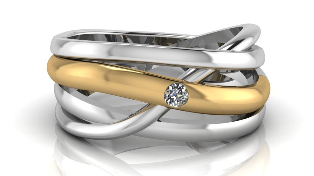 Yellow & white gold abstract cross-over ring featuring a flush set diamond