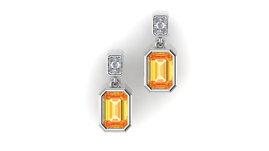 White gold studs featuring a bezel set citrine and accent diamonds