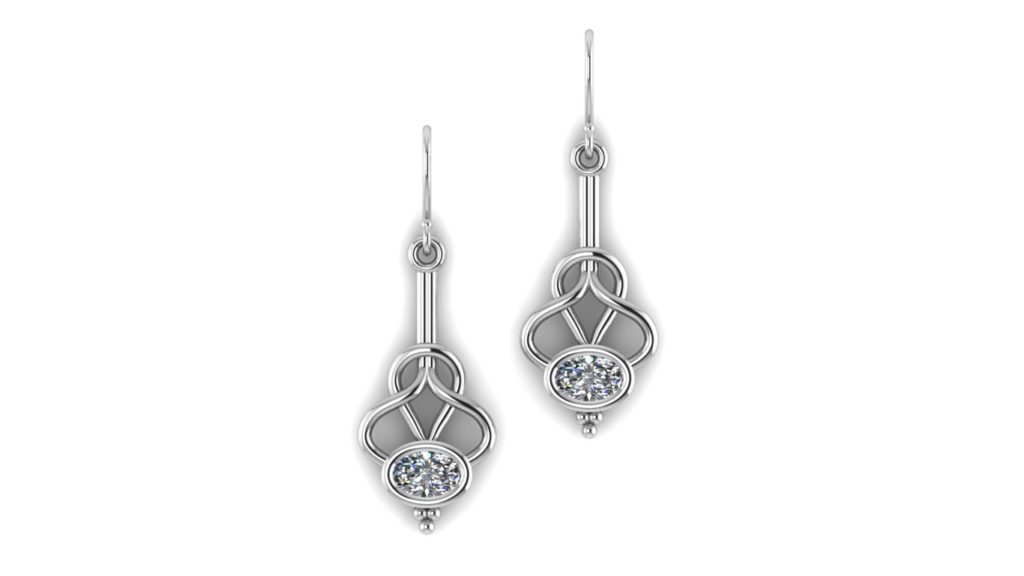 White gold abstract earrings featuring a bezel set oval diamond