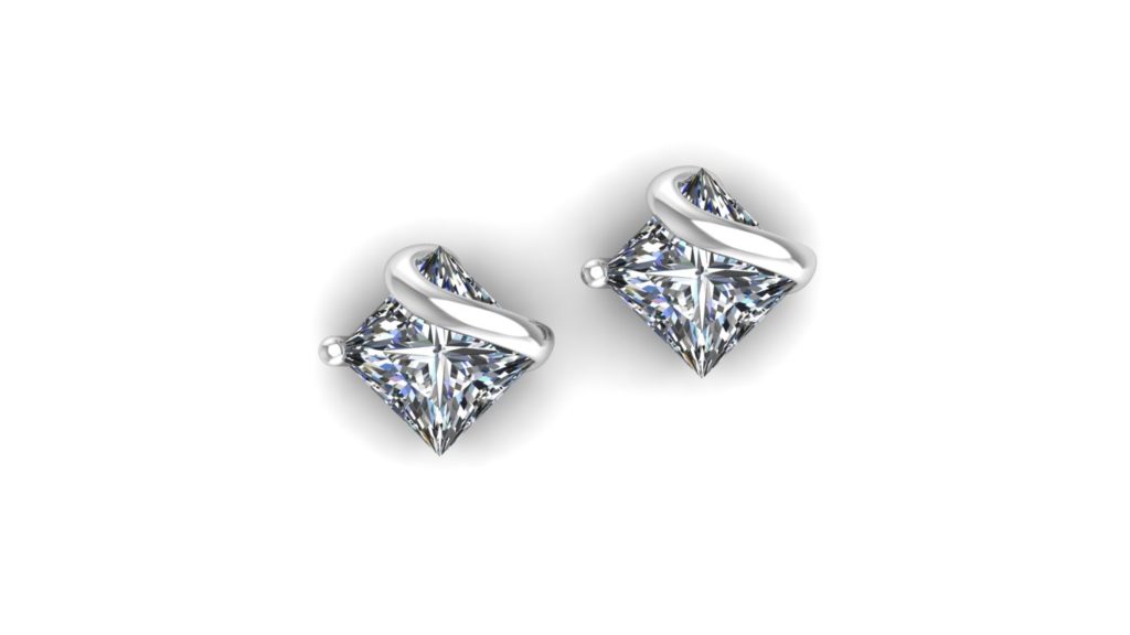 White gold princess cut studs with metal accent