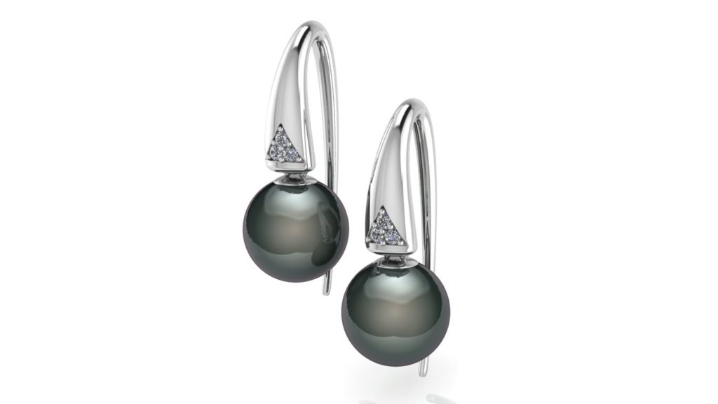 White gold earrings featuring tahitian pearls and accent diamonds