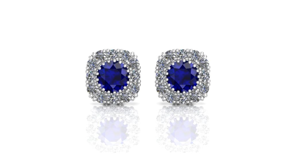 White gold halo studs featuring sapphire and diamonds