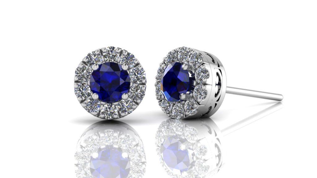 White gold halo studs featuring sapphire and diamonds