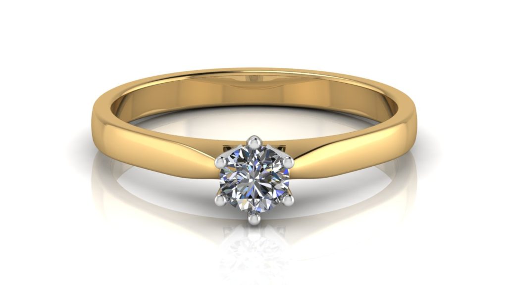 Yellow gold solitaire engagement ring featuring a round diamond set in a white gold setting