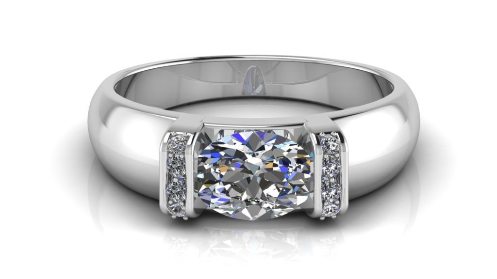 White gold engagement ring featuring a bar set oval cut diamond with smaller pave set diamonds on the bars