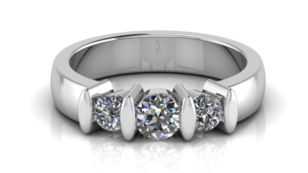 White gold engagement ring featuring three bar set diamonds