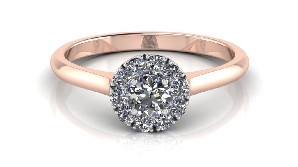 White & rose gold halo engagement ring featuring a round diamond