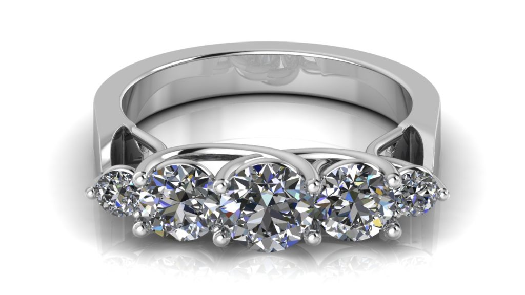 White gold lucida style engagement ring featuring five round diamonds of graduated sizes
