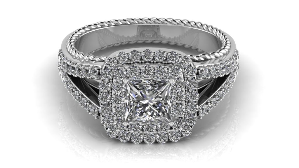 Whtie gold double halo split shank engagement ring featuring a princess cut diamond with diamonds down the band and rope accent