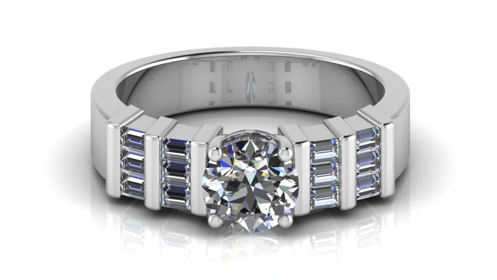 White gold engagement ring featuring a round diamond with side bar set baguette diamonds