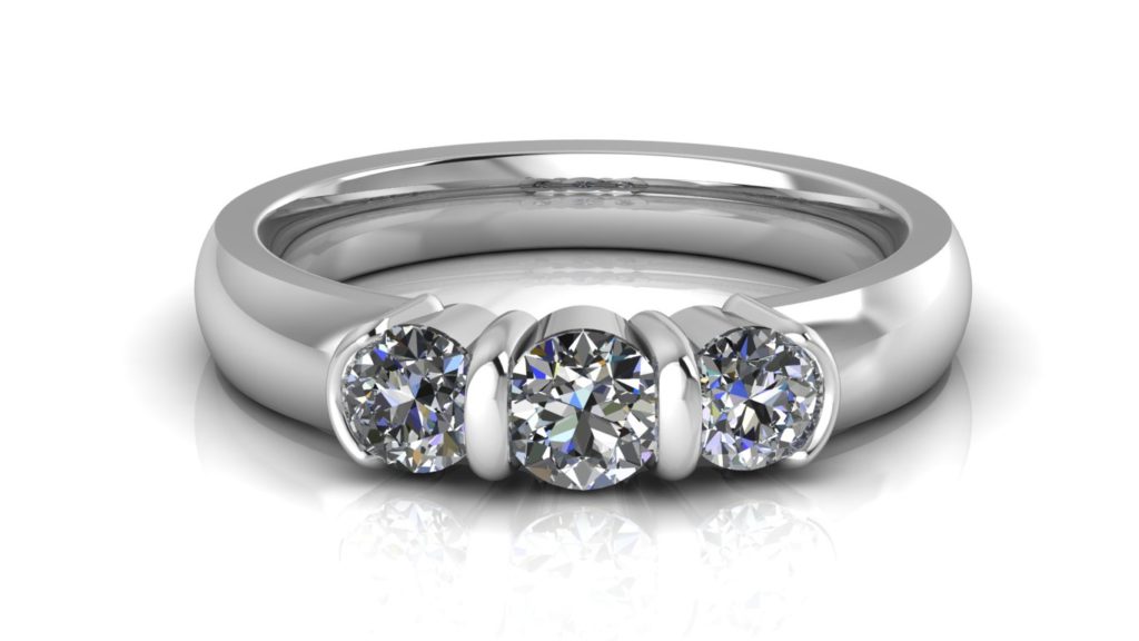 White gold bar set three stone engagement ring