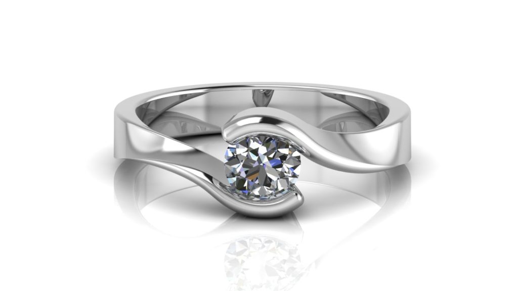 White gold bypass engagement ring featuring a round diamond