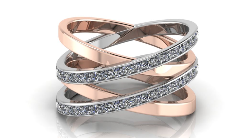 White & Rose gold criss-cross ring with diamonds