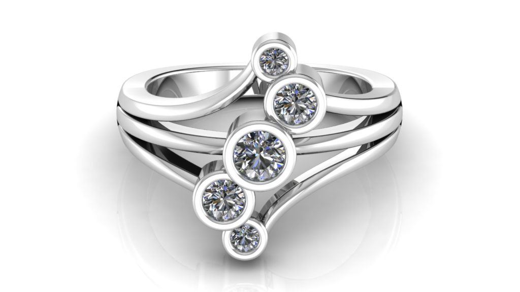 White gold abstract ring with bezel set diamonds