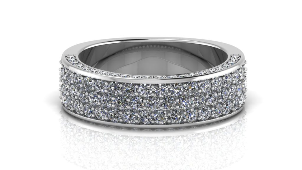 White gold flat micropave diamond band with accent side diamonds