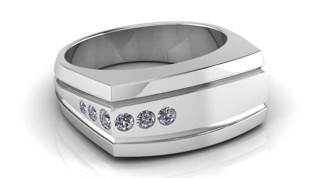White gold grooved angular mens ring featuring six flush set diamonds