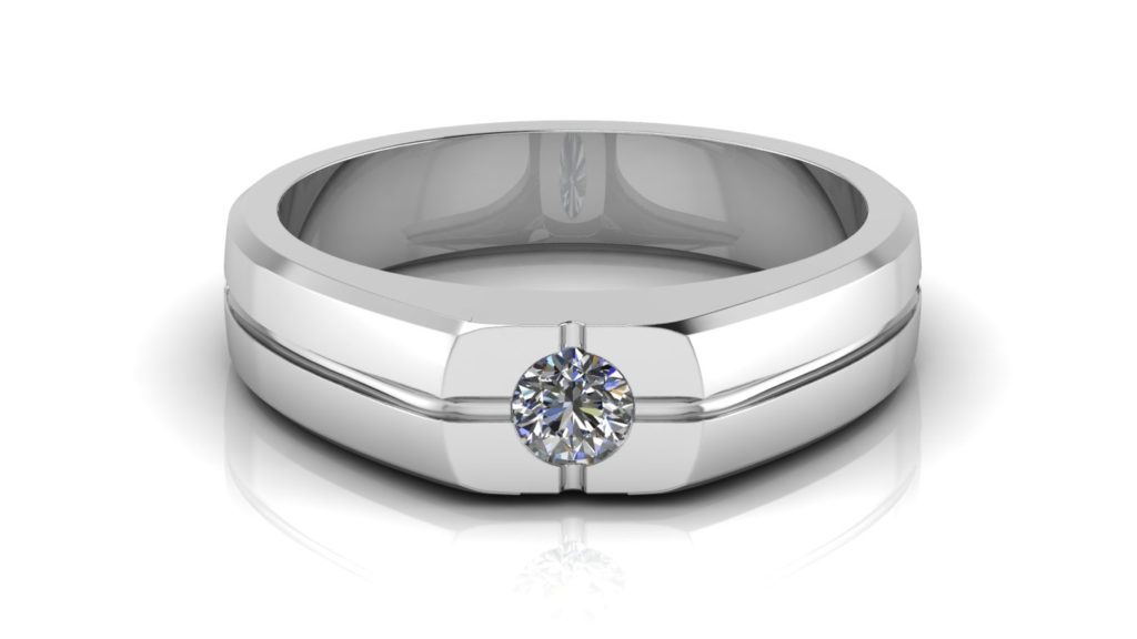 White gold signet style ring featuring a flush set round diamond and perpendicular grooves