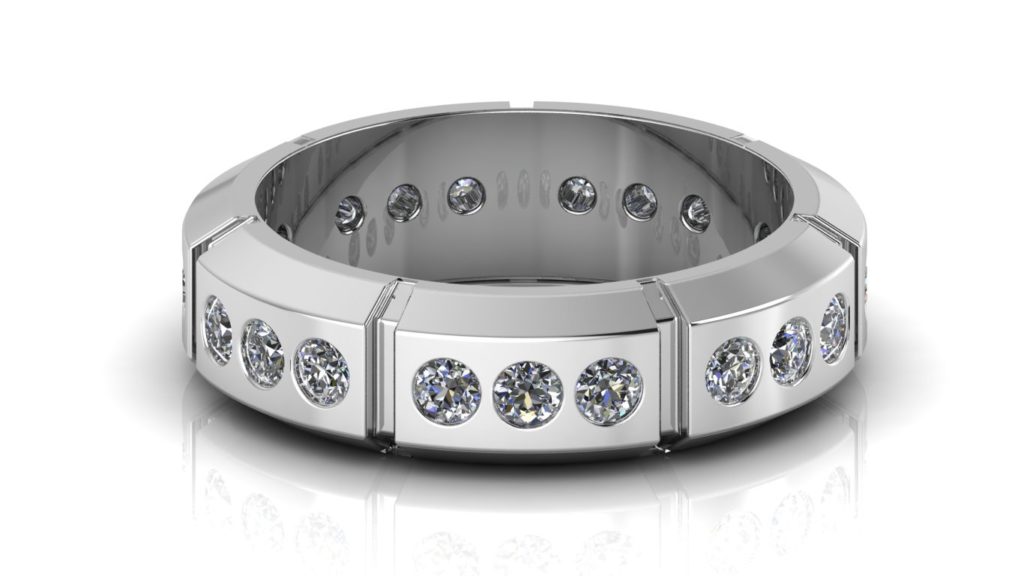 White gold grooved mens band with flush set diamonds in rows of three all around