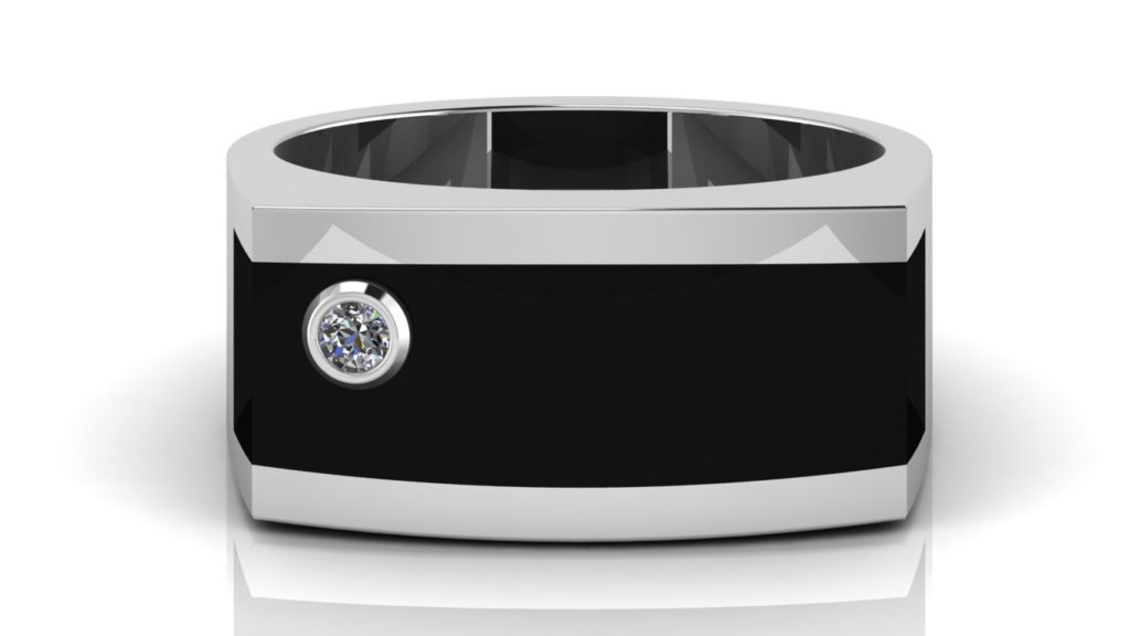 White gold angular mens ring featuring an onyx inlay and bezel set diamond