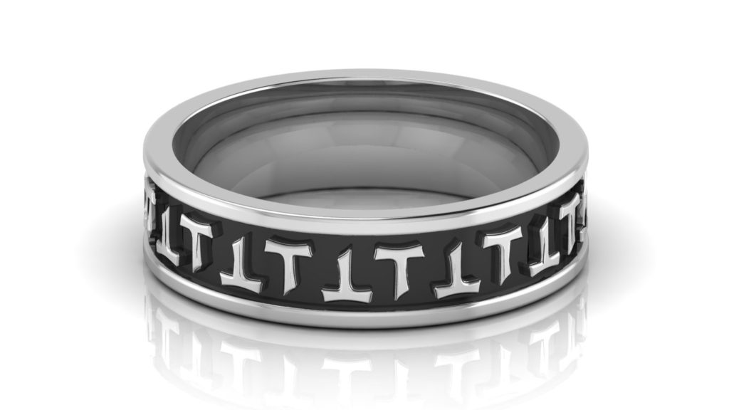 White gold mens band with repeated "T" motif