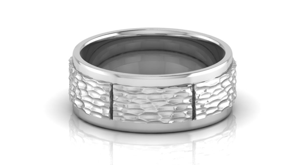 White gold mens band with planished center, polished edges and groove accents