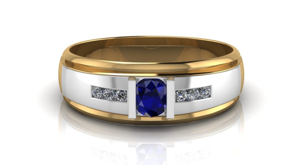 Yellow & white gold mens band featuring a round ceylon sapphire and channel set diamonds