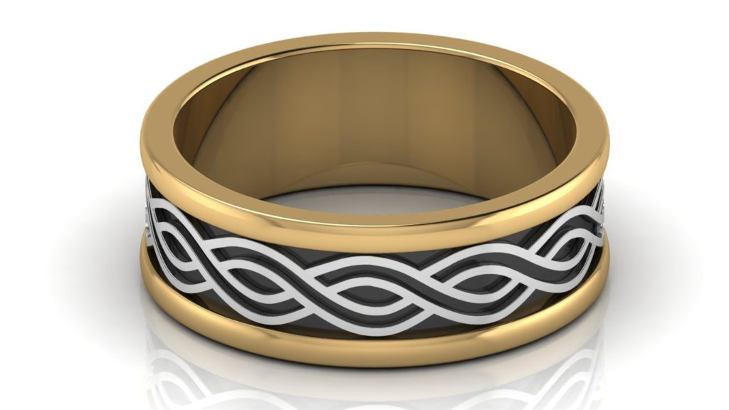 Yellow & white gold mens band with wave motif