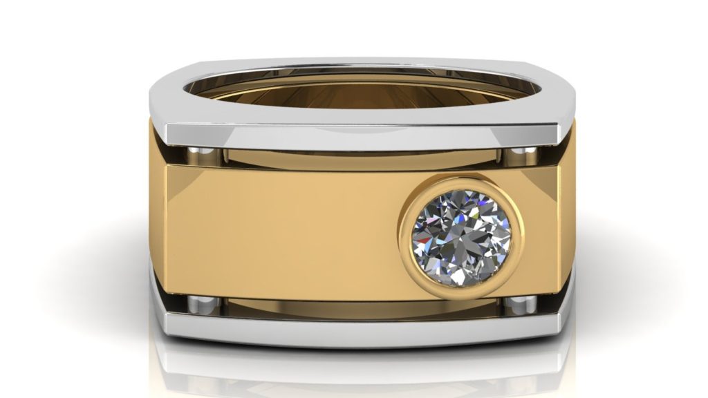Yellow & white gold wide angular mens band featuring a bezel set diamond