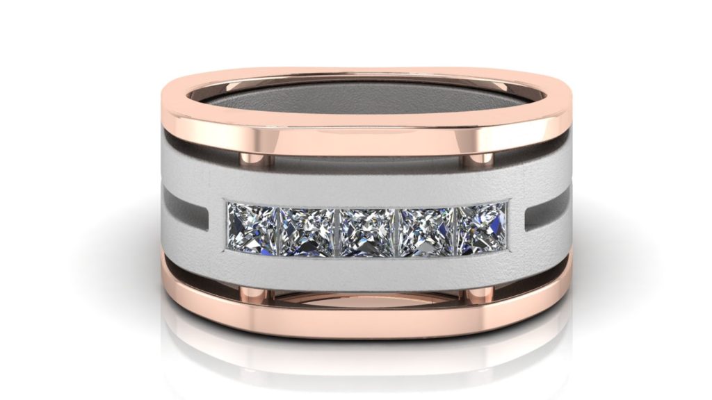 White & rose gold wide mens band featuring five channel set princess cut diamonds with textured center