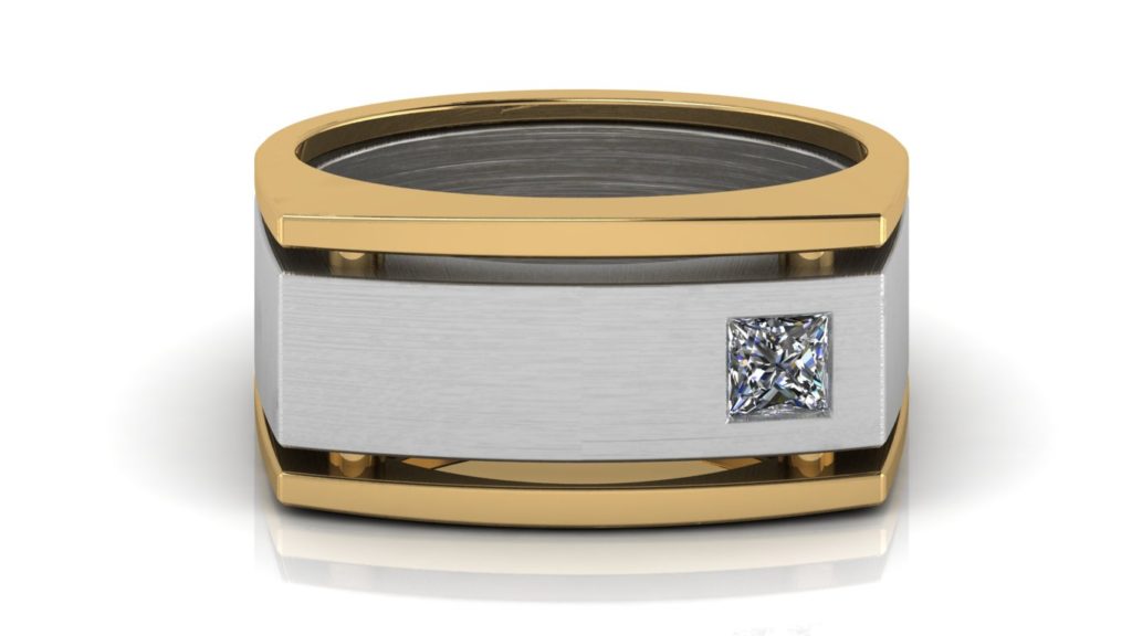 Yellow & white gold wide angular mens band featuring a flush set princess cut diamond with brushed center