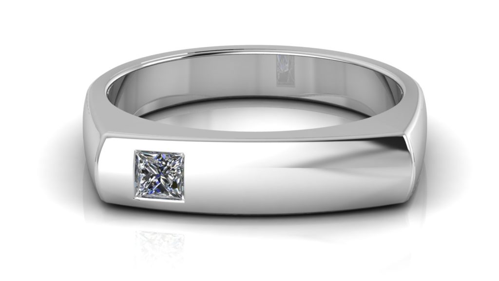White gold angular mens ring featuring a flush set princess cut diamond