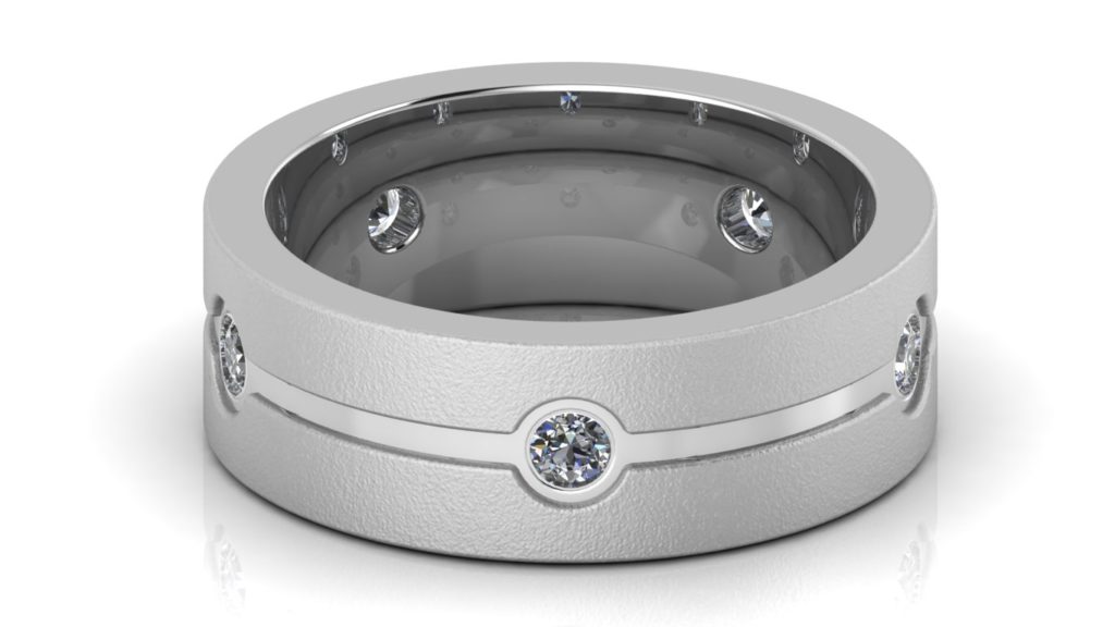 White gold sandblasted mens band featuring five evenly spaced flush set round diamonds and polished groove accent