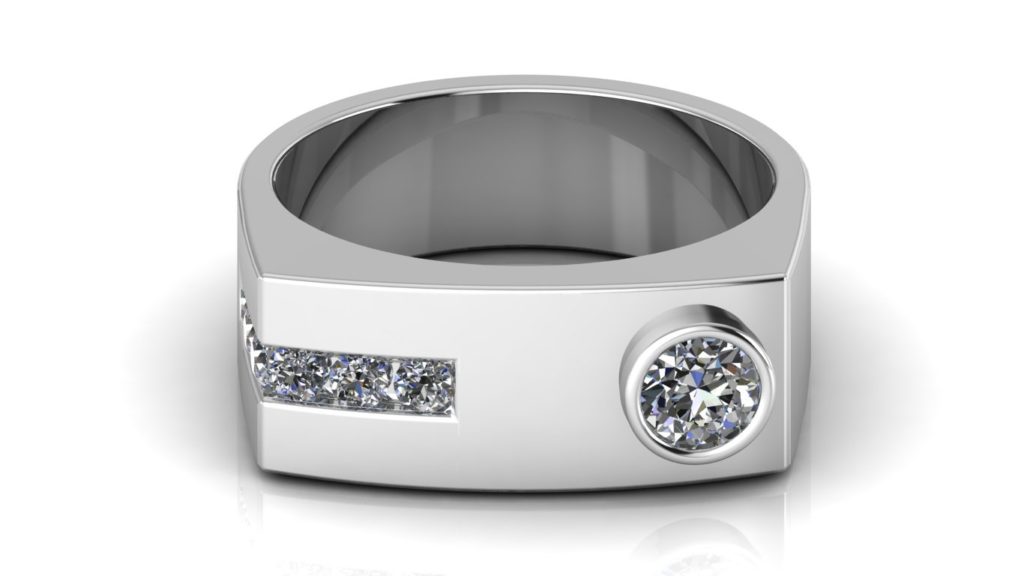White gold angular mens band featuring a round bezel set diamond and six channel set diamonds