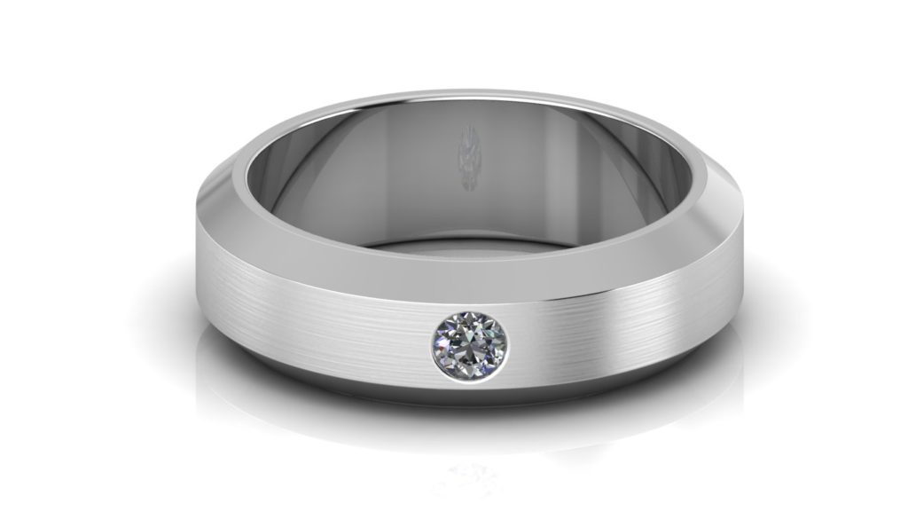 White gold chamfered edge mens band with a flush set diamond