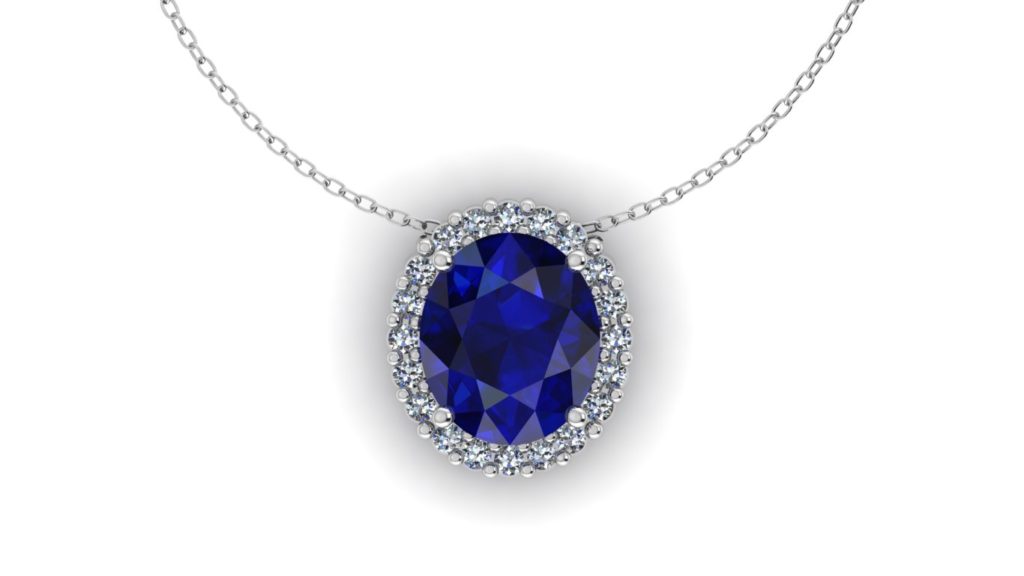 White gold diamond halo pendant featuring an oval cut ceylon sapphire