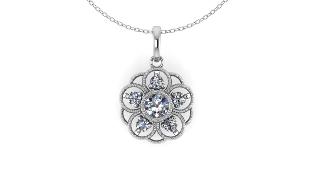 White gold flower pendant with diamonds and milgrain accent