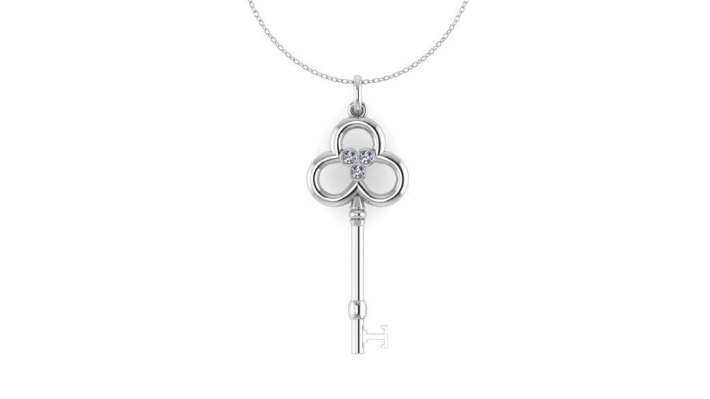 White gold clover key pendant with diamonds