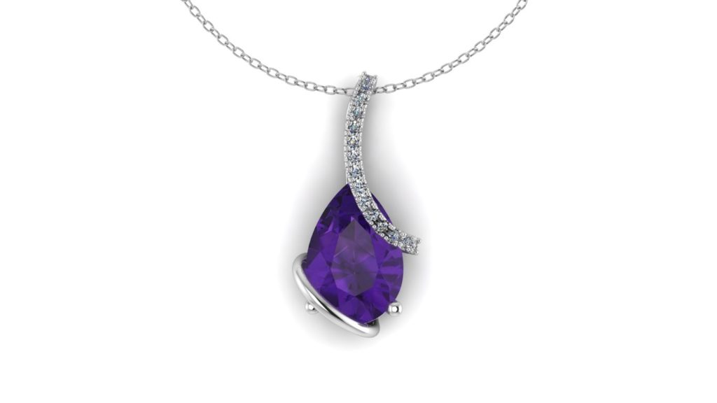 White gold pendant featuring a pear cut amethyst and diamond accents