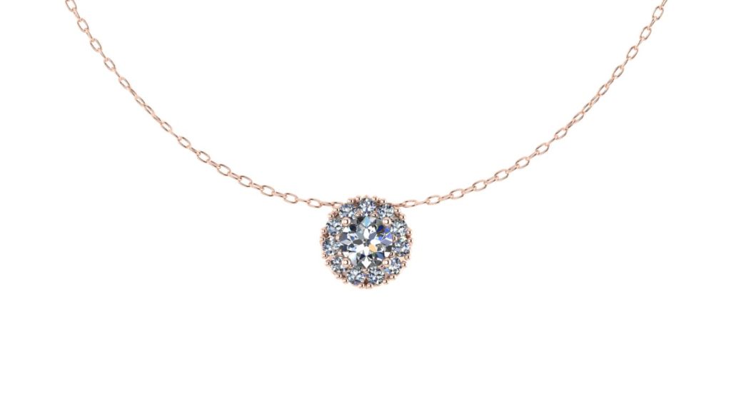 Rose gold round diamond halo pendant