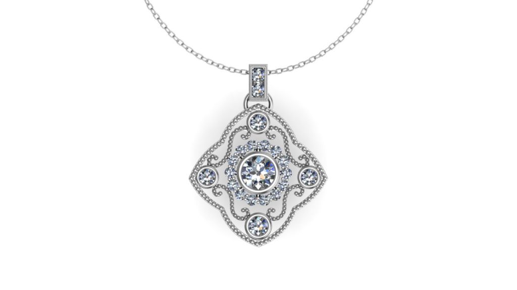 White gold filigree style pendant diamond and milgrain accents