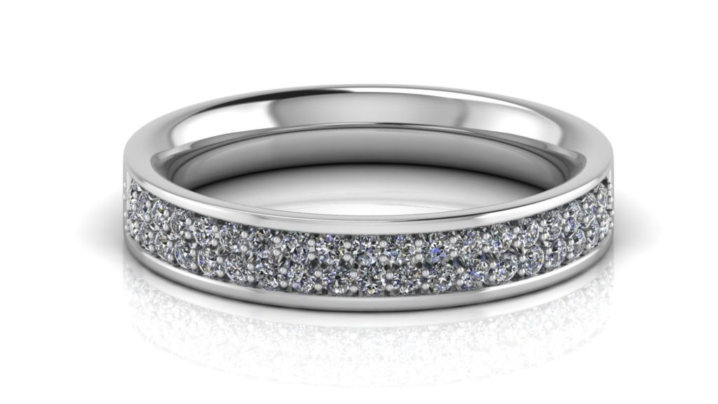 White gold ladies ring featuring two rows of micro pave set diamonds