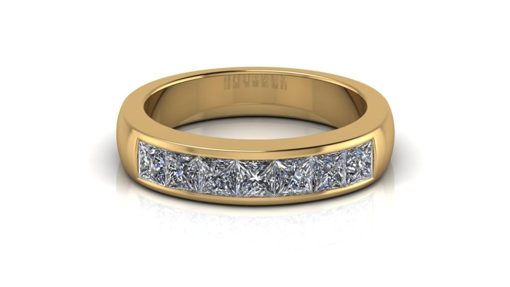 Yellow gold ladies band featuring seven channel set princess cut diamonds