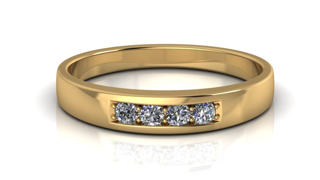 Yellow gold ladies band featuring four pave set diamonds