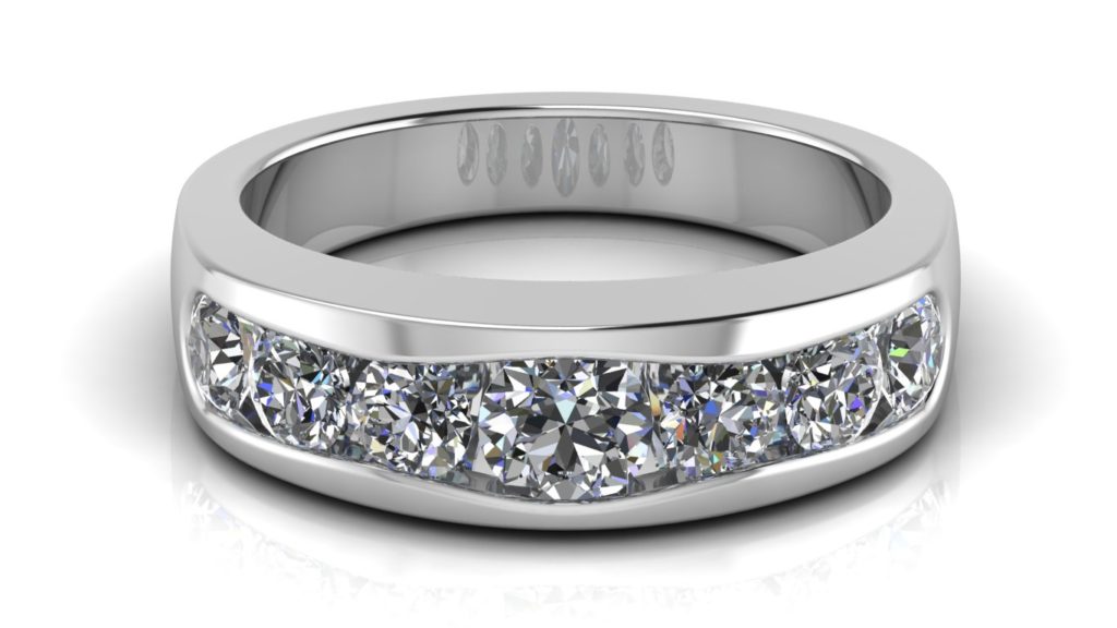 White gold ladies band featuring channel set diamonds of graduating size